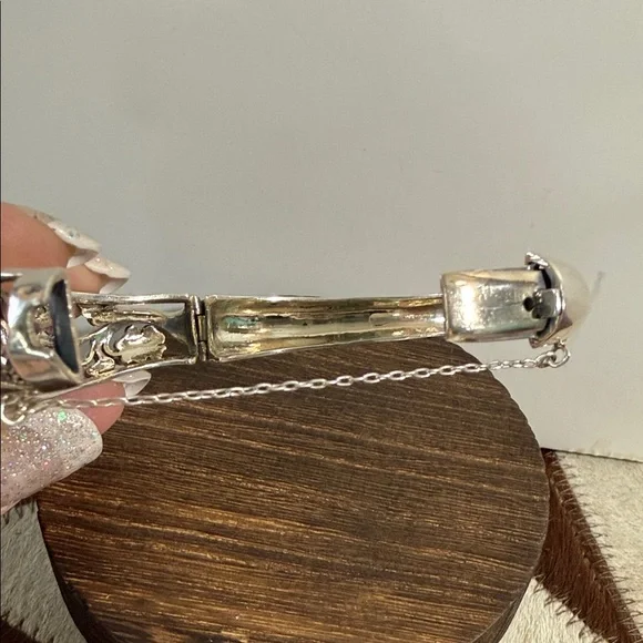 Ornate Filigree Marcasite Rose, Flower Hinged Bracelet - 925, Sterling Silver - Picture 4 of 7